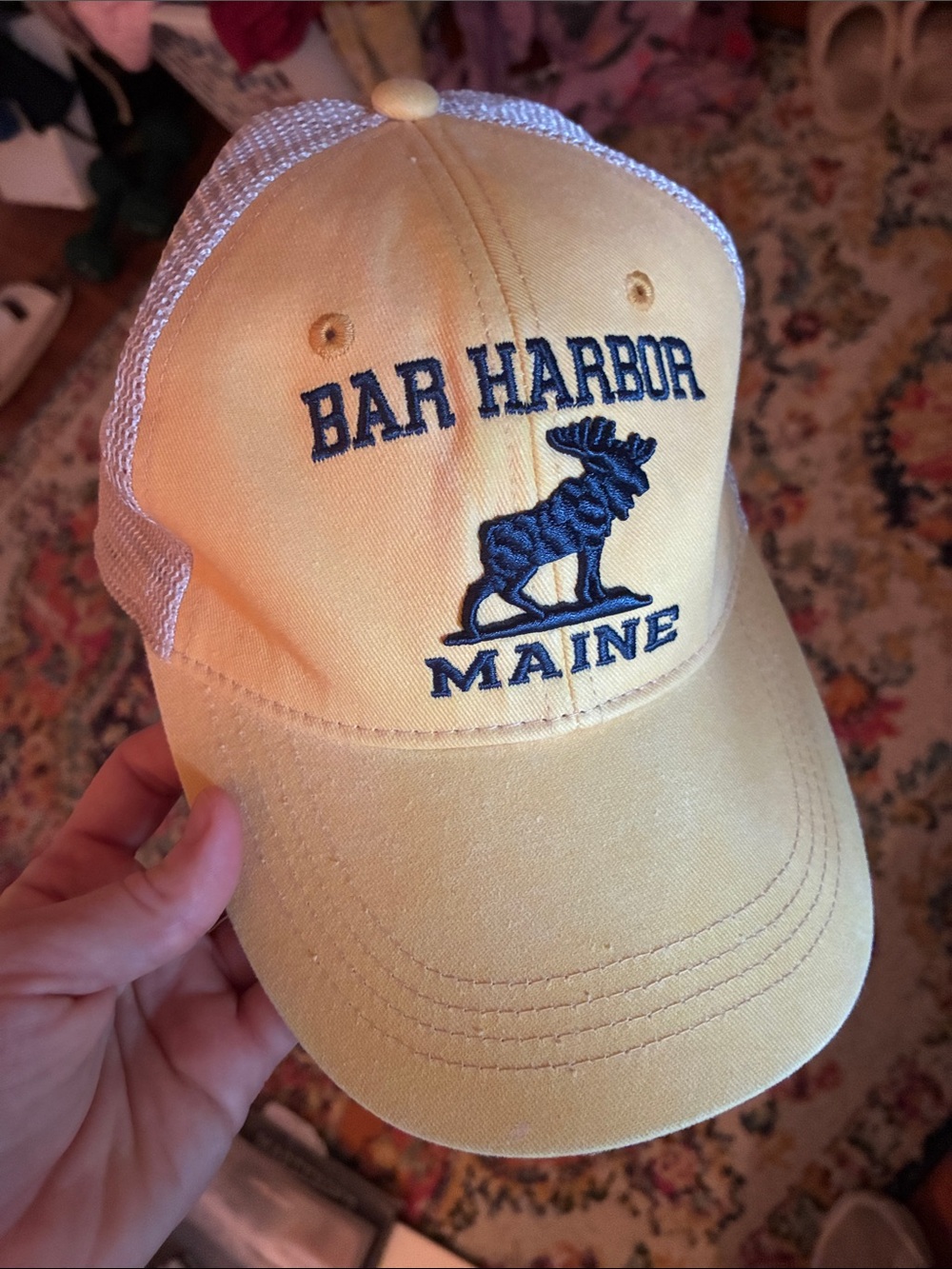 Bar Harbor Maine Yellow Trucker Hat with Navy Embroidery